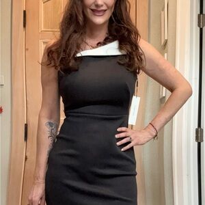 Calvin Klein Black One-Shoulder Sheath Dress with White Accent